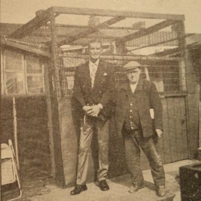 Bob Funk and Wilf Lovatt Photo of Bob Funk and Wilf Lovatt standing in front of Wilf's Loft